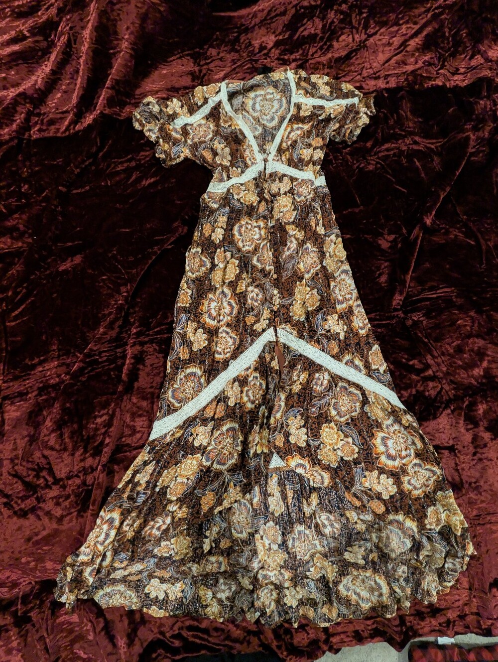 Brown Floral Lace Stevie Nicks Hippie Gunne Sax Style Long Dress Western